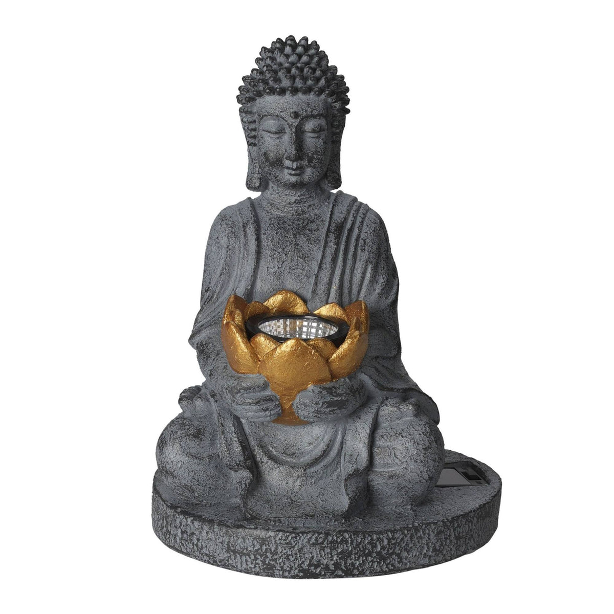 Luz solar Buda polystone acabado oro oxidado Ø17x25cm