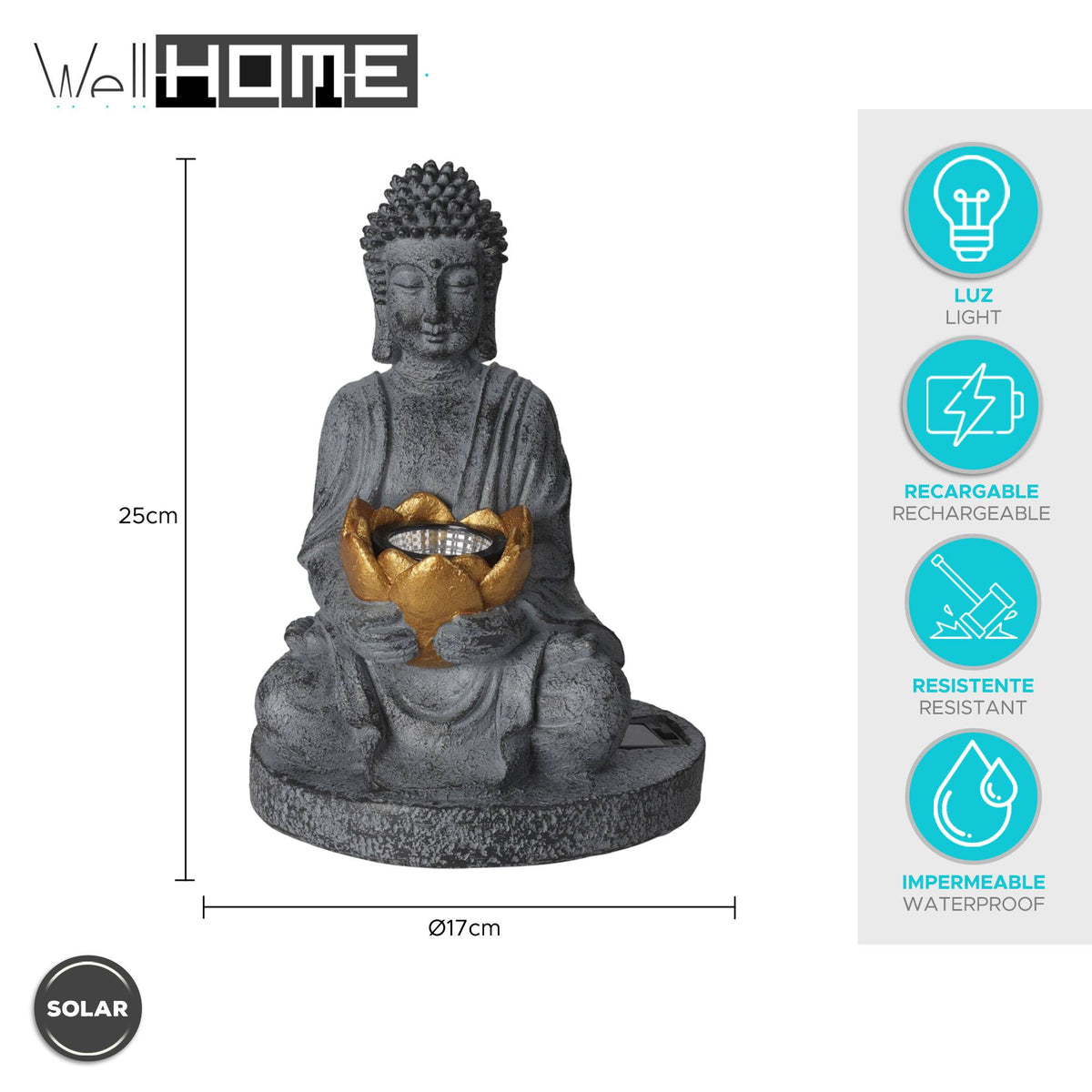 Luz solar Buda polystone acabado oro oxidado Ø17x25cm (2)