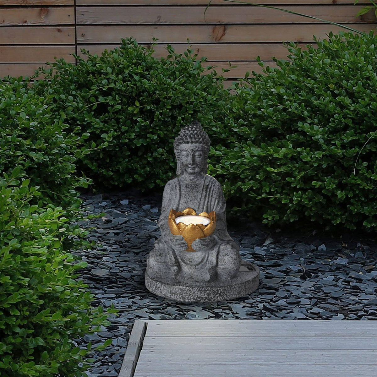 Luz solar Buda polystone acabado oro oxidado Ø17x25cm (3)