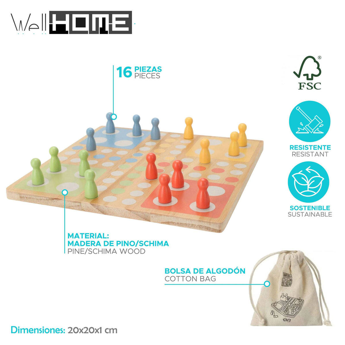 Juego Ludo Board madera de pino con bolsa de algodón (2)