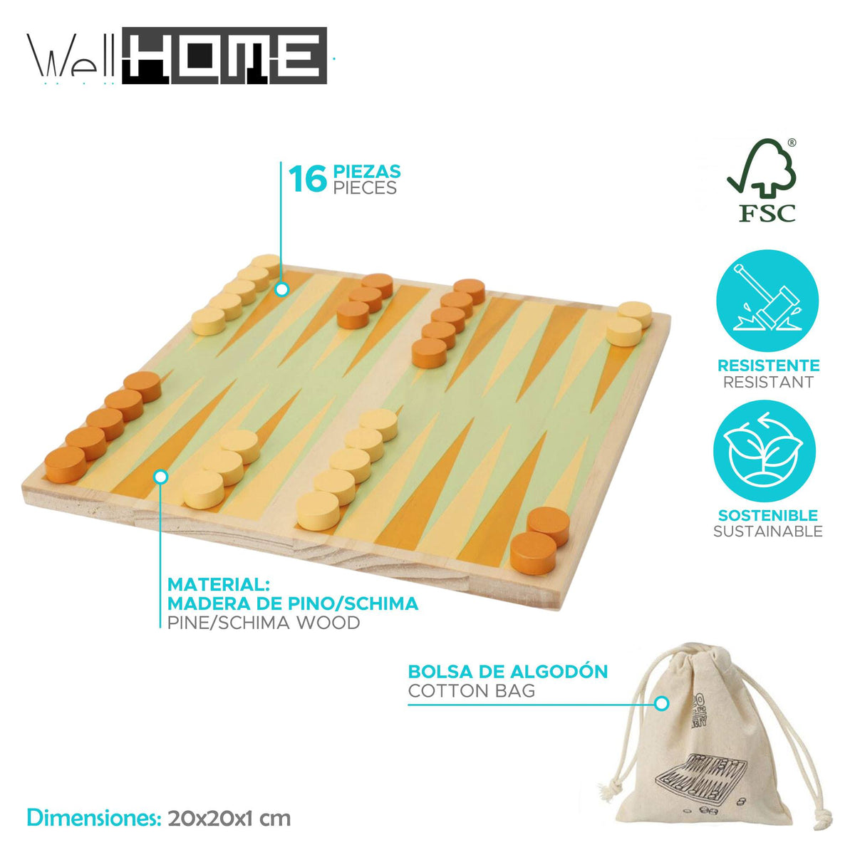 Juego de tablero de backgammon con bolsa de algodón (2)