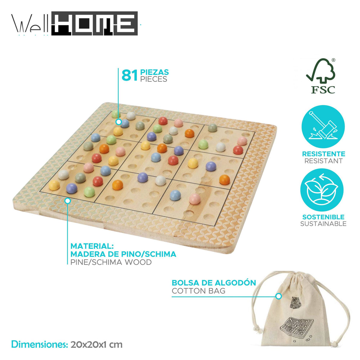 Juego desafío Sudoku en madera con bolsa de algodón (2)