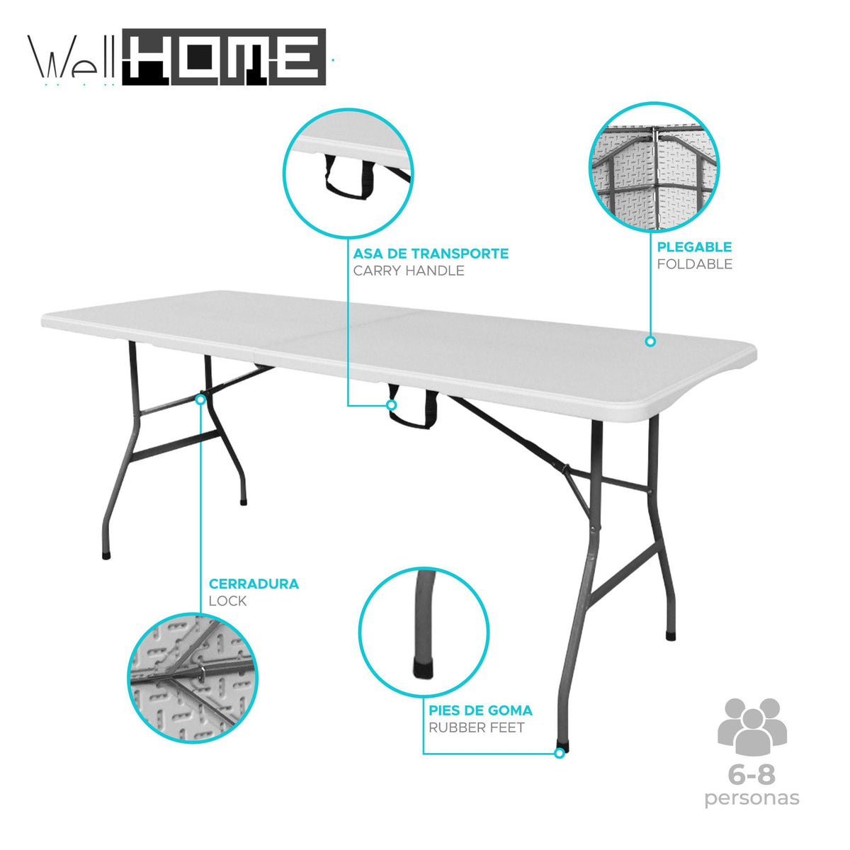 Mesa plegable multifuncional 180x70x74cm con cierre de plástico (3)
