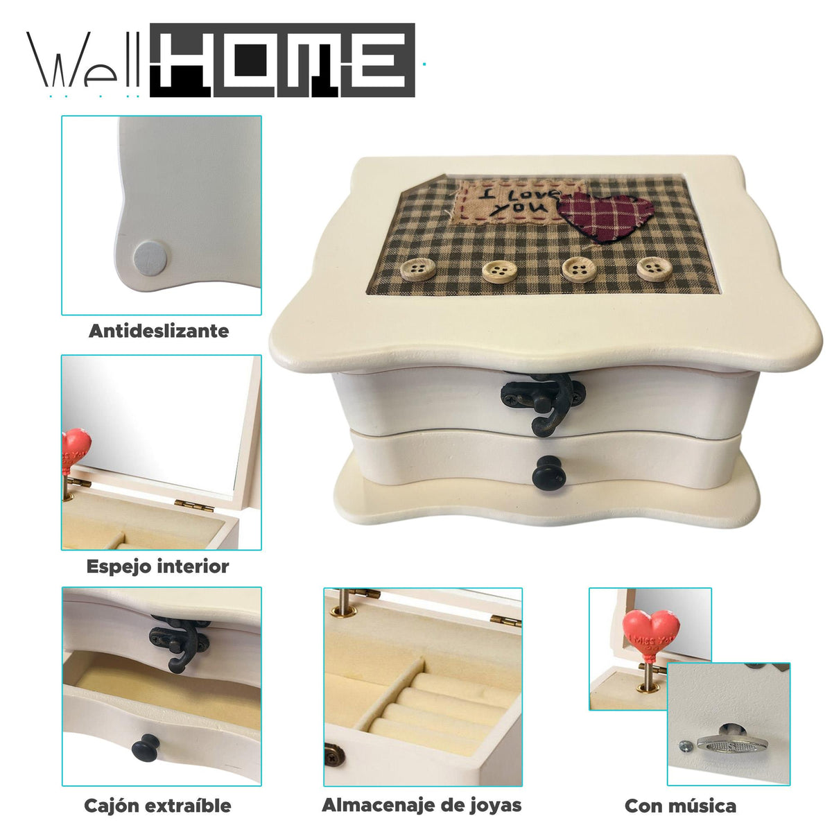 Caja joyero 'I Love You' en madera con espejo y cajón cuadrado (2)