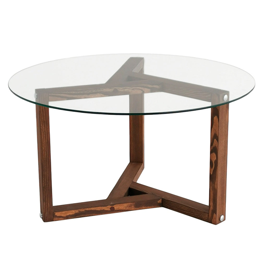 Mesa de centro vidrio templado y pino macizo color nogal Ø75x40cm