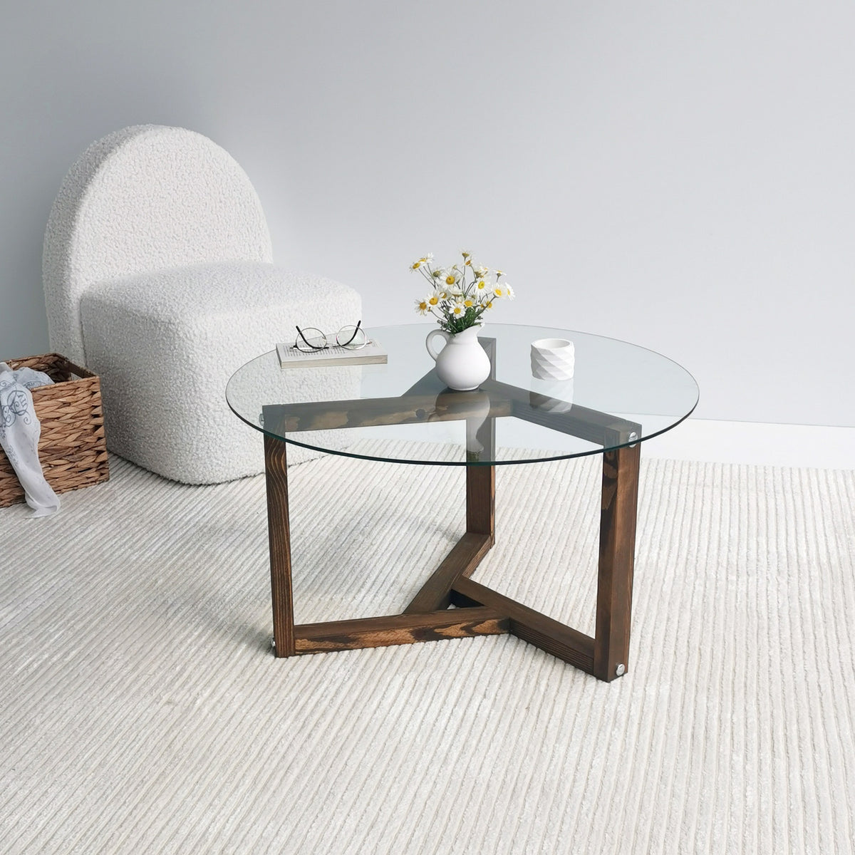 Mesa de centro vidrio templado y pino macizo color nogal Ø75x40cm (3)
