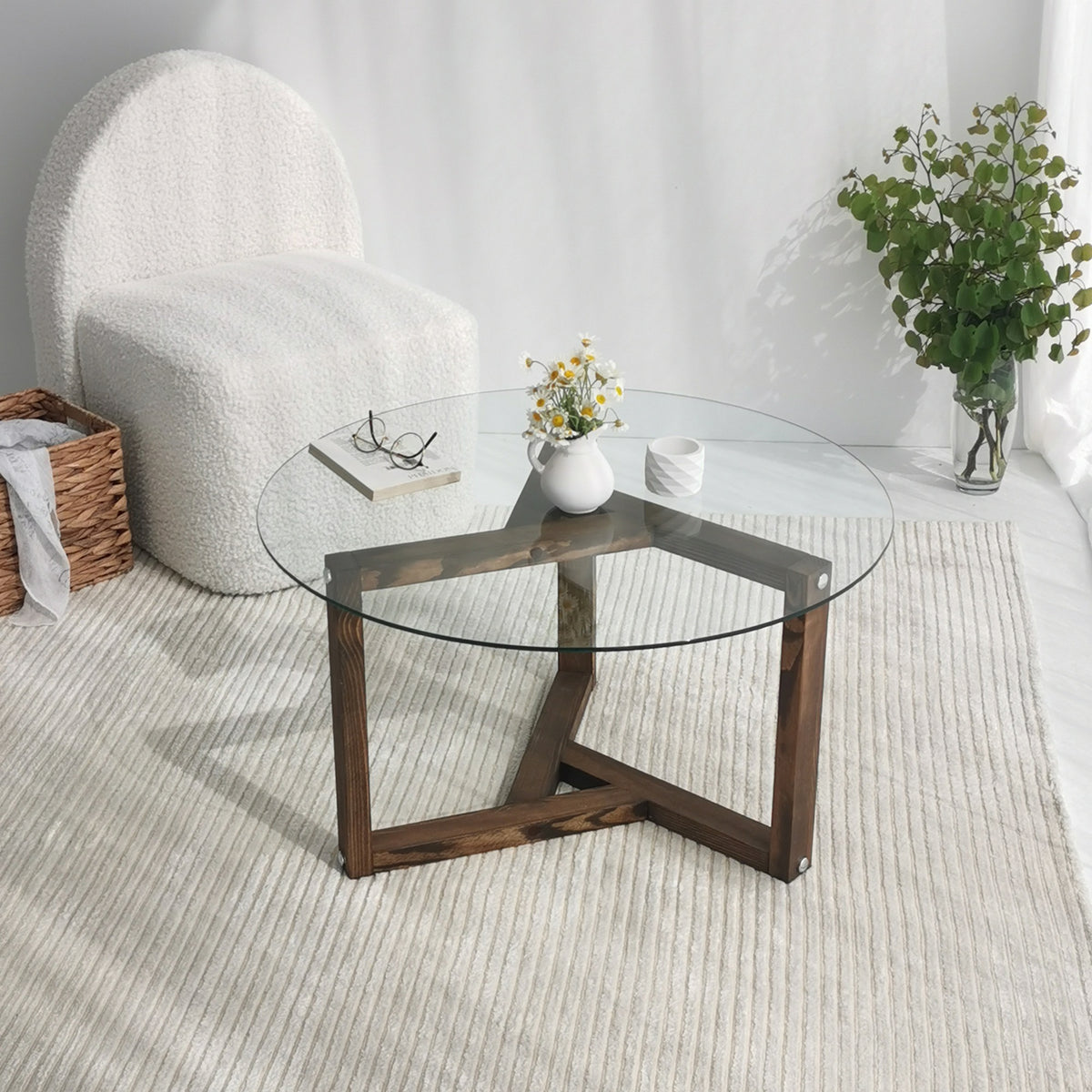 Mesa de centro vidrio templado y pino macizo color nogal Ø75x40cm (4)