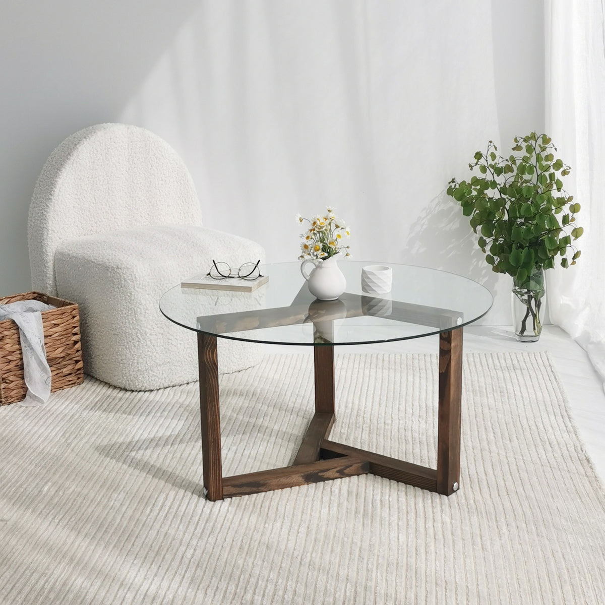 Mesa de centro vidrio templado y pino macizo color nogal Ø75x40cm (8)