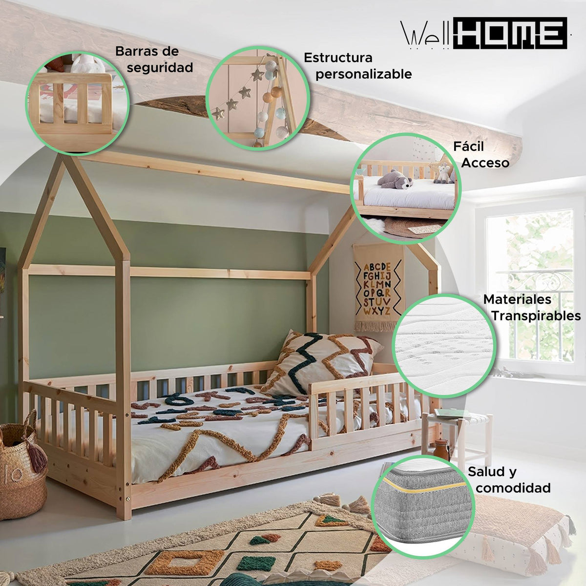 Cama infantil cabaña Bosco roble 90x190cm + colchón Zent Roller (4)