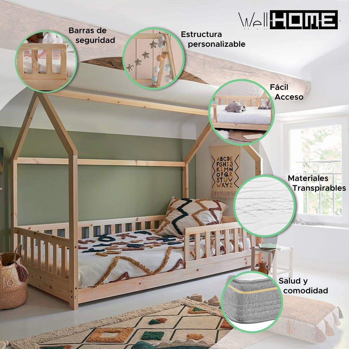 Cama infantil cabaña Bosco roble 90x190cm + colchón Serenia (4)