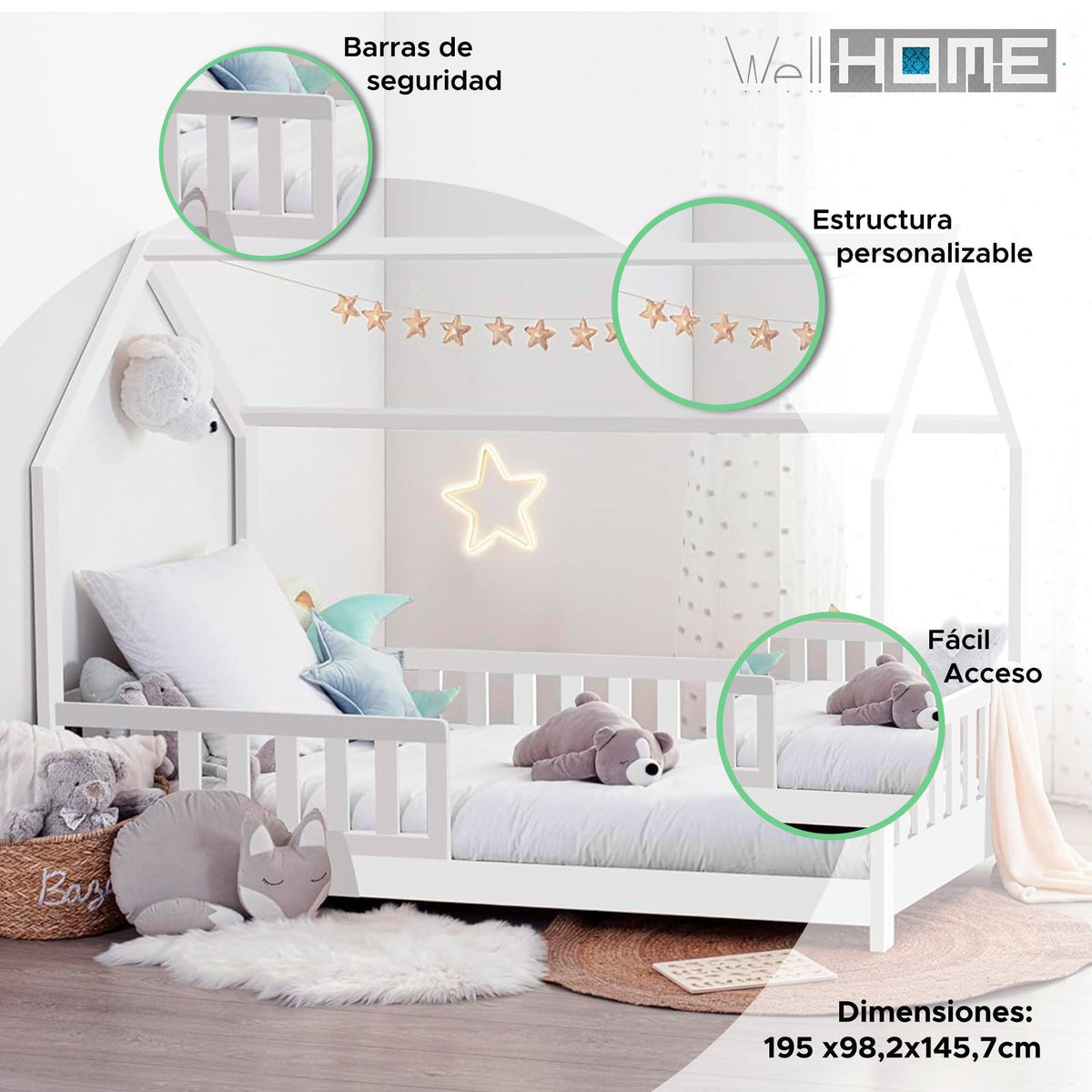 Cama infantil cabaña Bosco blanco 90x190cm + colchón Zent Roller (4)