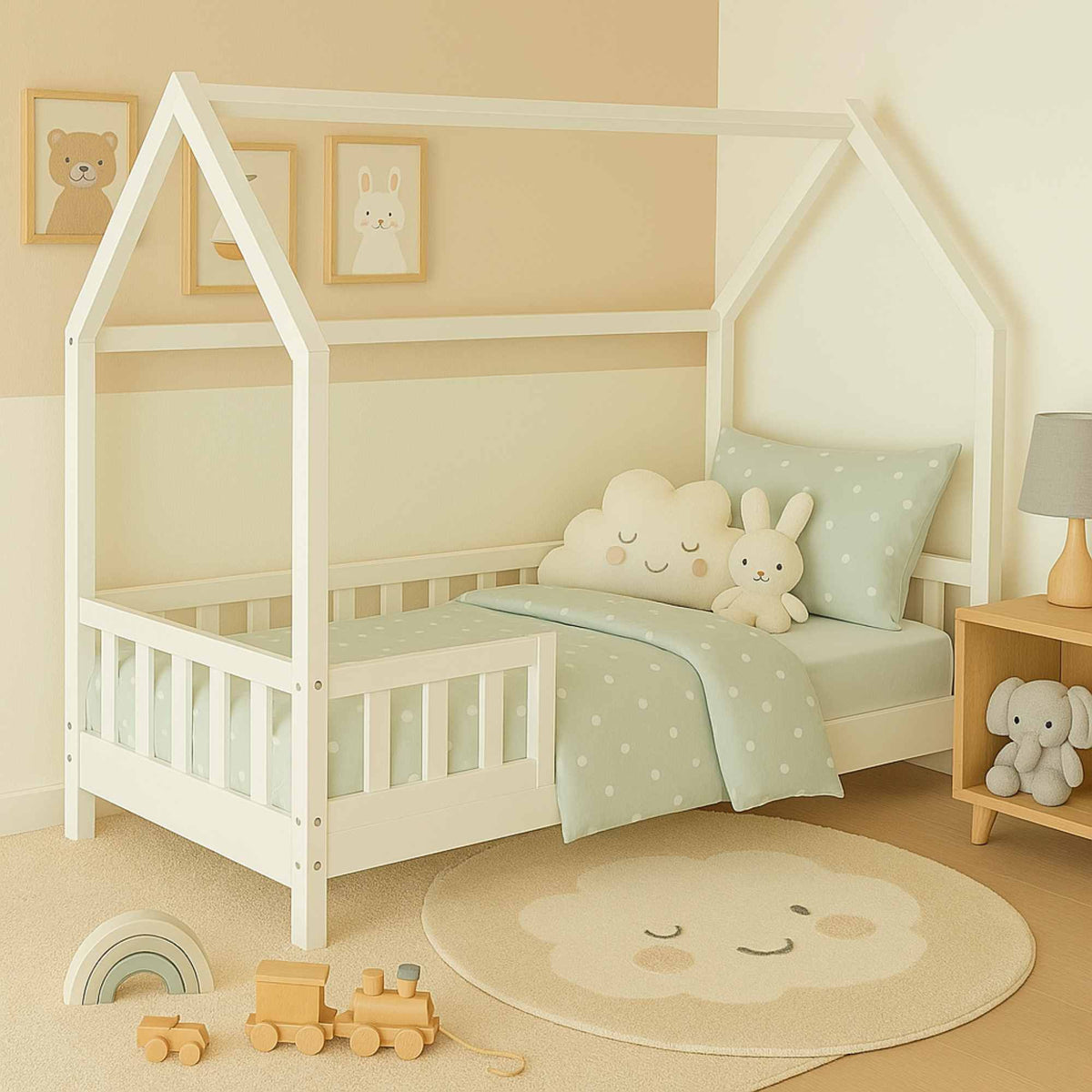 Cama infantil cabaña Bosco blanco 90x190cm + colchón Zent Roller (6)