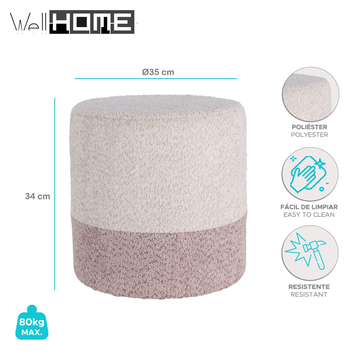 Taburete Boucle Ø35cm beige con rosa claro (2)