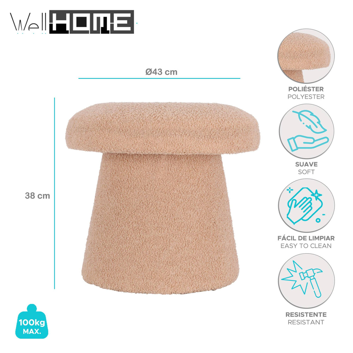 Taburete seta Teddy beige Ø43x38cm (2)