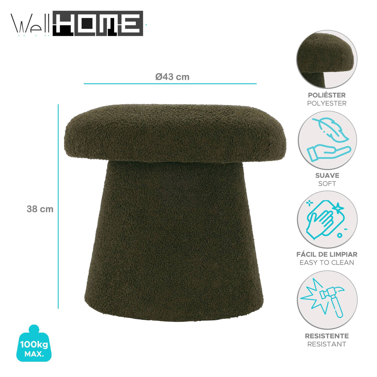Taburete seta Teddy verde Ø43x38cm (2)