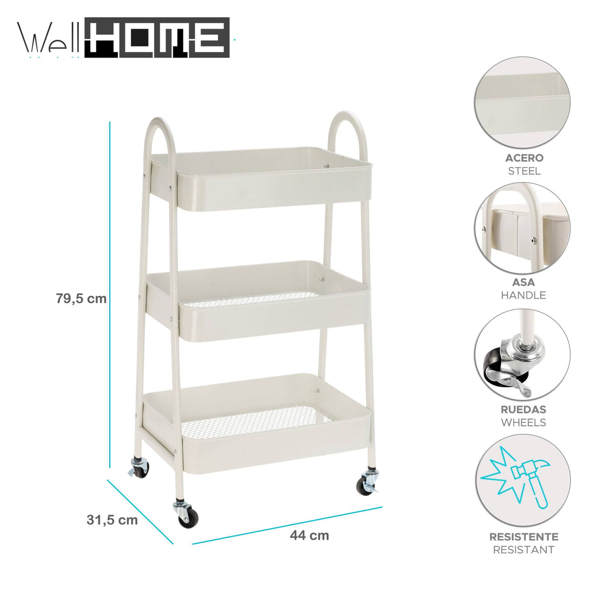 Carro de cocina blanco con 3 cestas y ruedas H.79,5cm (2)