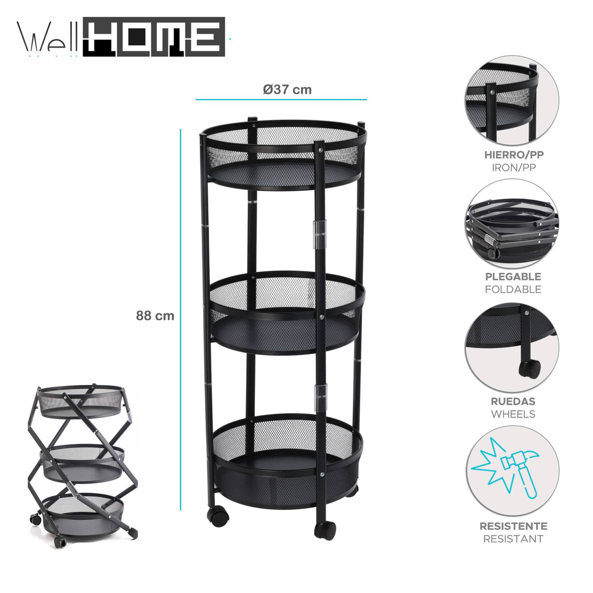 Carro de cocina plegable con ruedas Ø37x88cm (2)