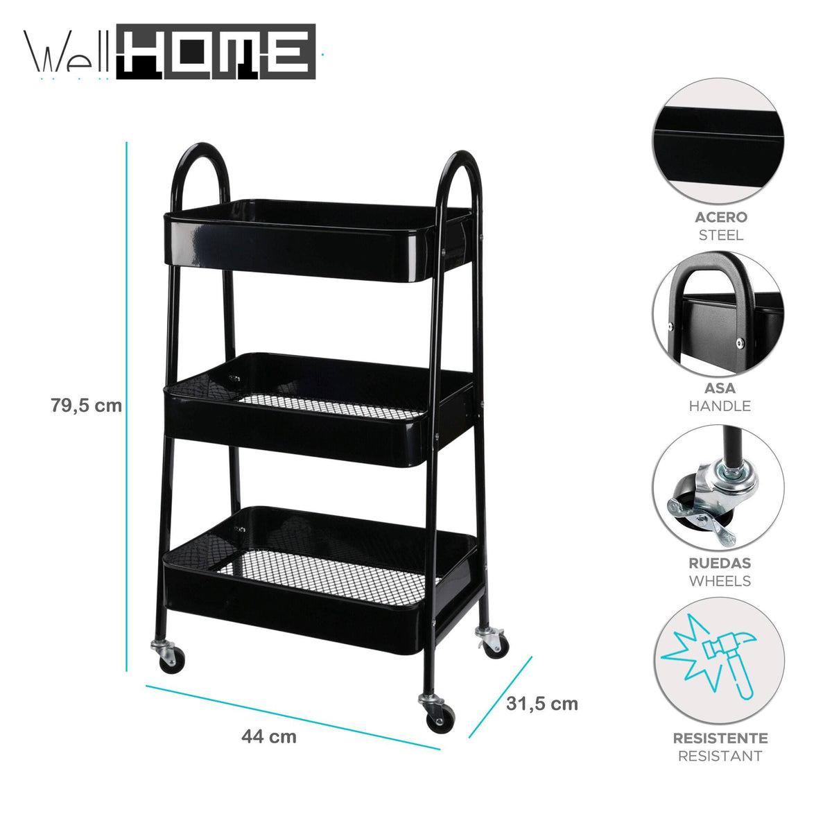Carro de cocina negro con 3 cestas y ruedas H.79,5cm (2)