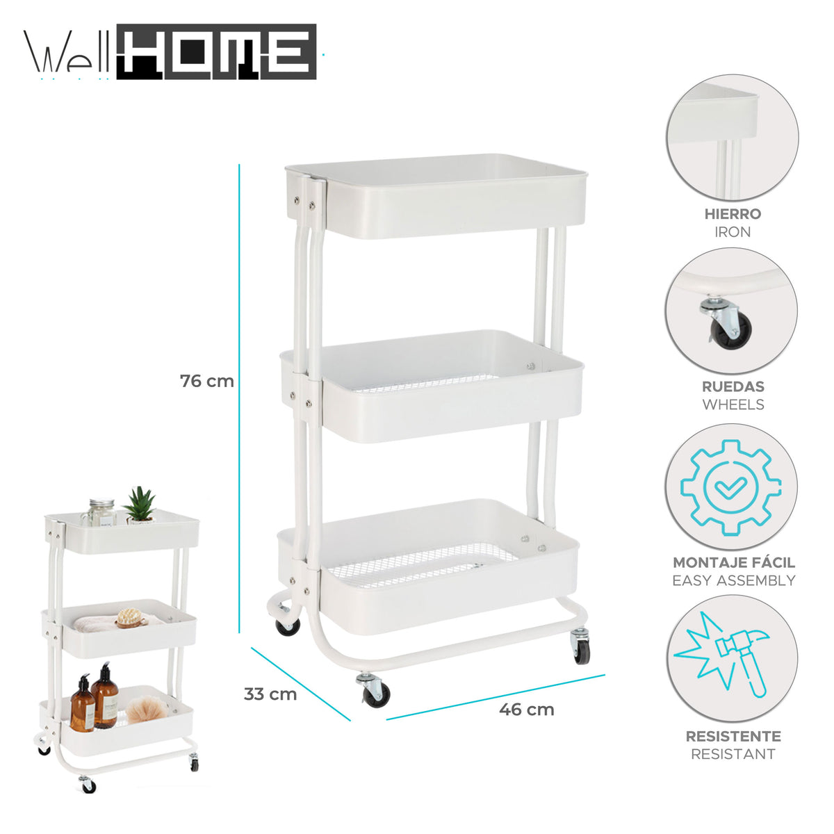 Carro de cocina hierro blanco con ruedas y 3 cajones (2)