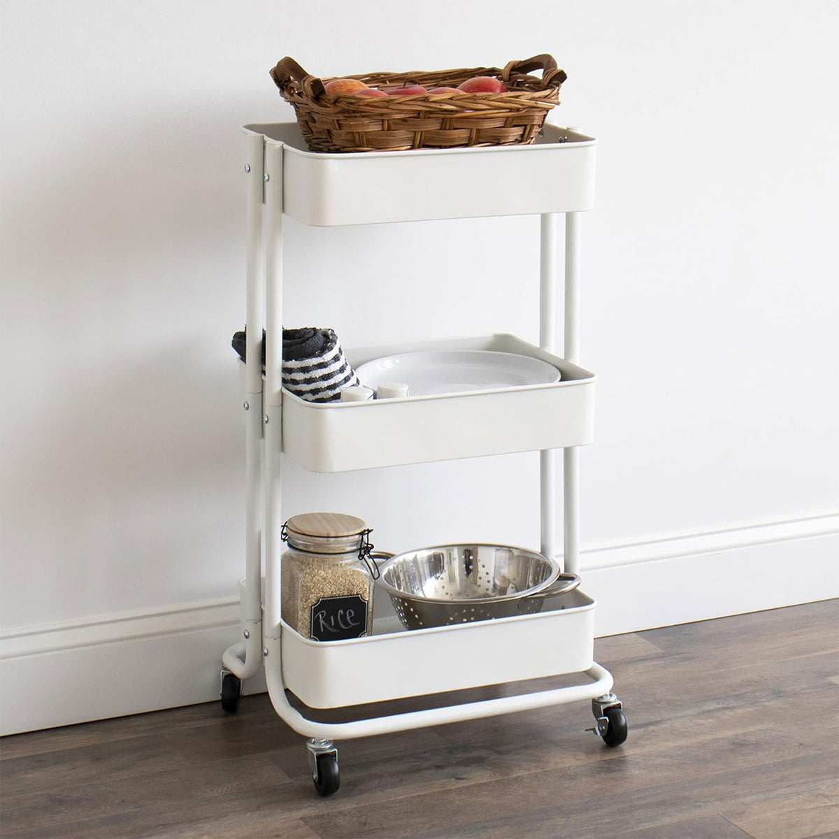 Carro de cocina hierro blanco con ruedas y 3 cajones (4)