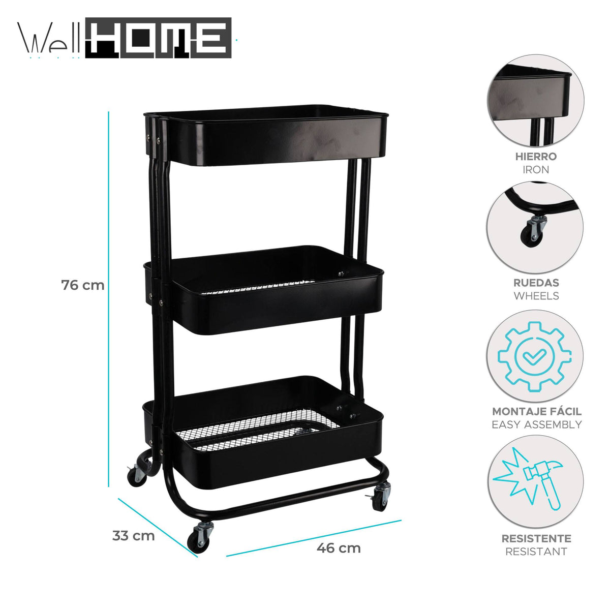 Carro de cocina hierro negro con ruedas y 3 cajones (2)