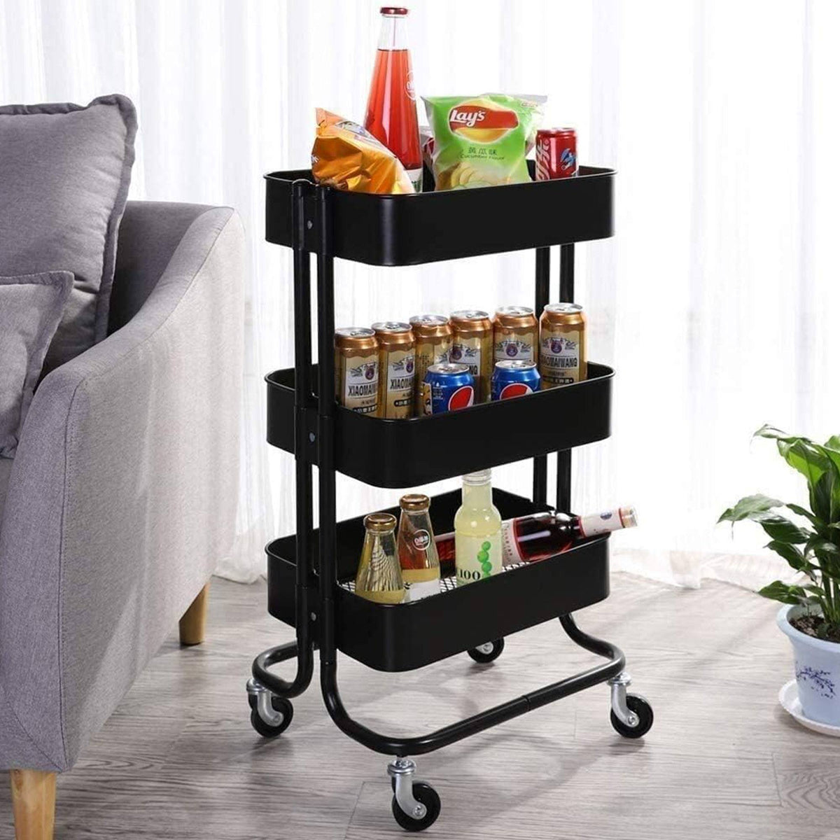 Carro de cocina hierro negro con ruedas y 3 cajones (4)