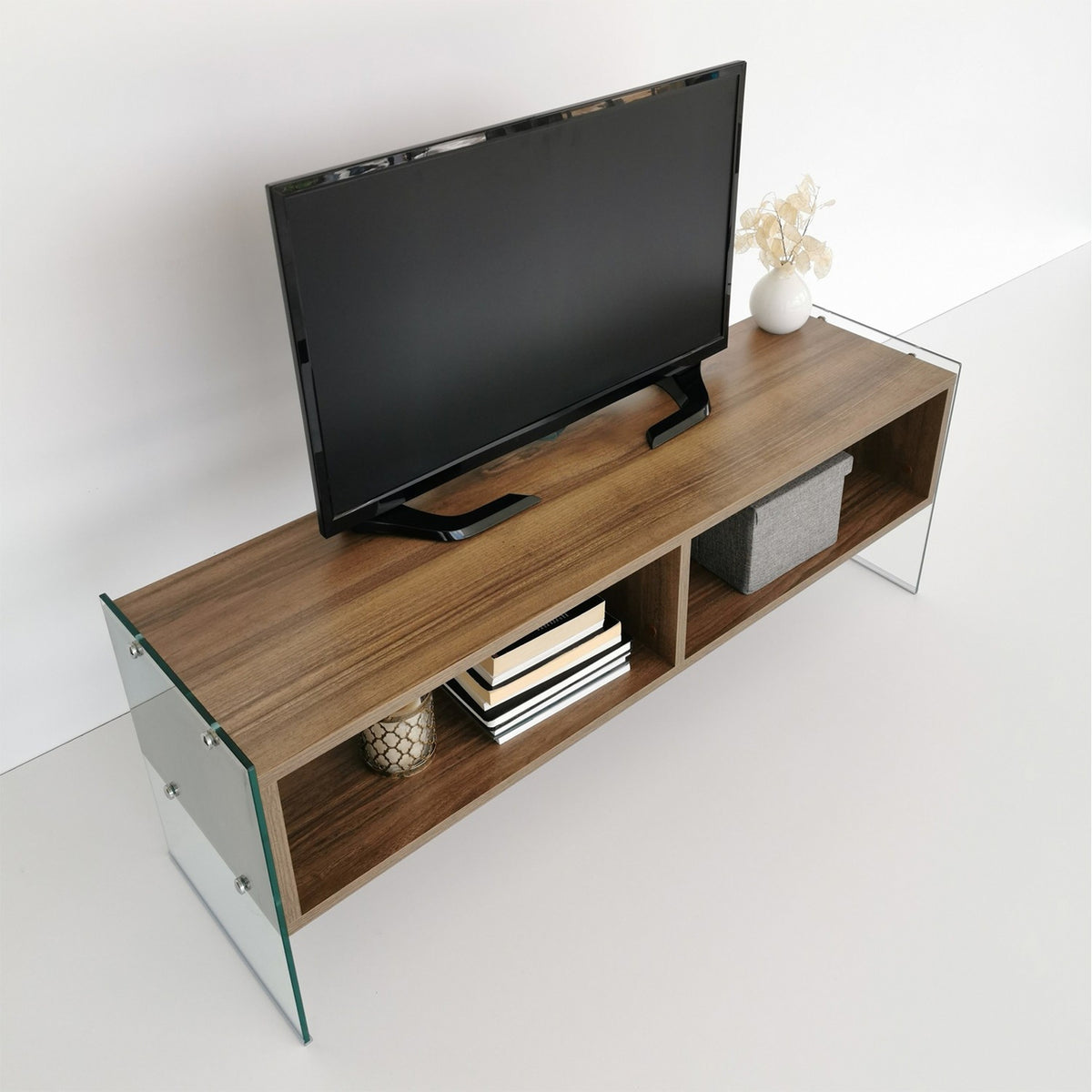 Mesa de TV melamina nogal y blanco 120x45x35cm (6)