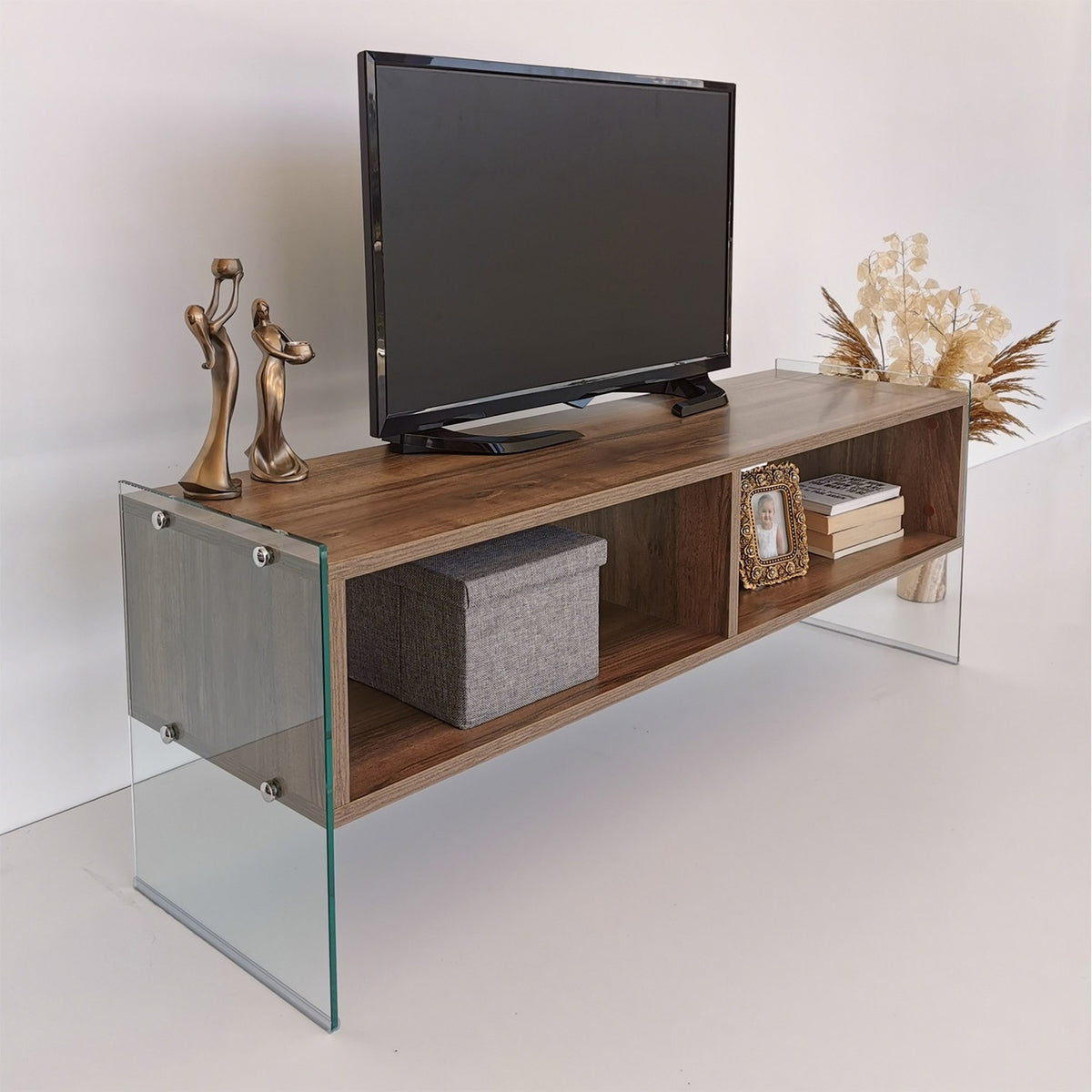 Mesa de TV melamina nogal y blanco 120x45x35cm (8)