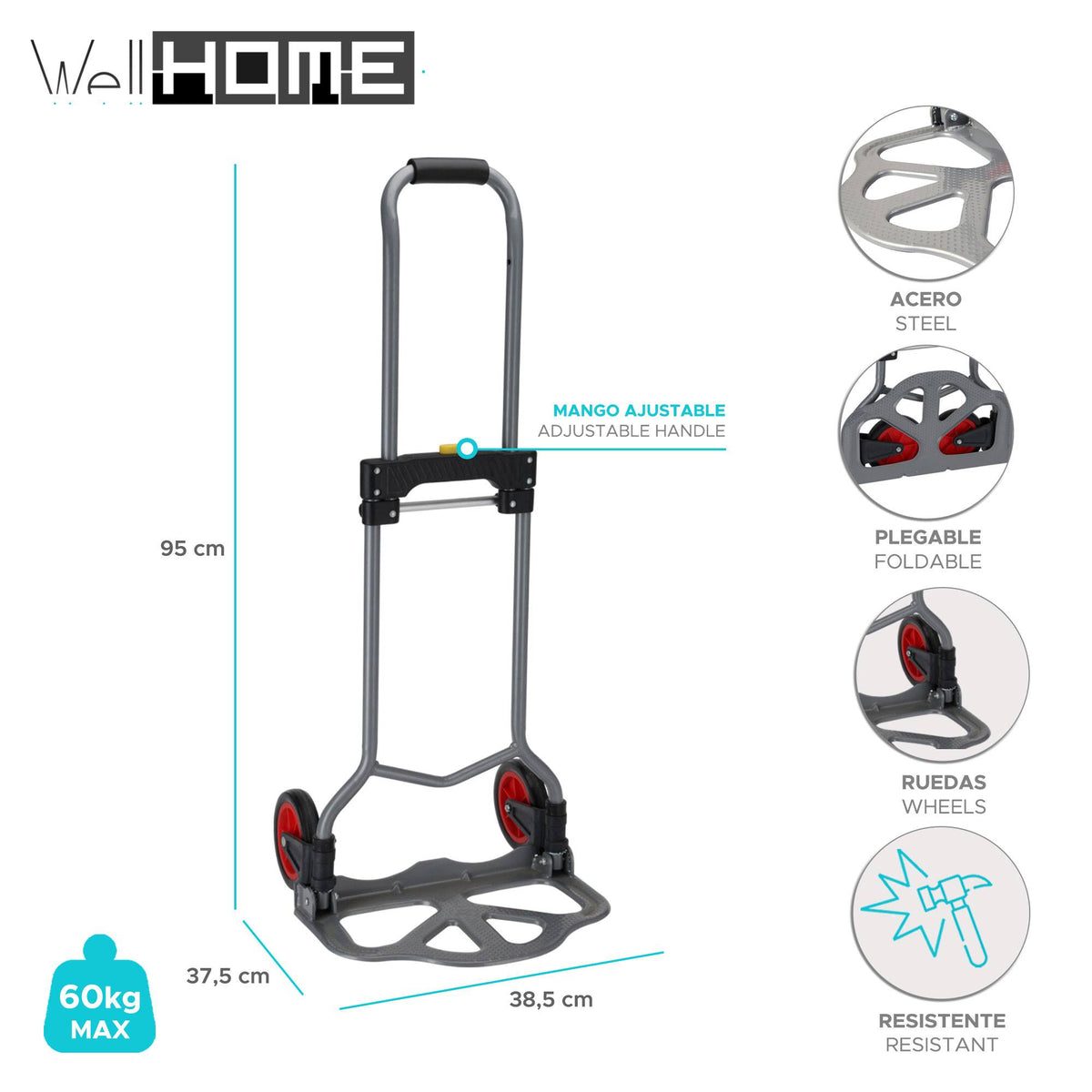 Carro de mano plegable en acero capacidad 60kg (2)