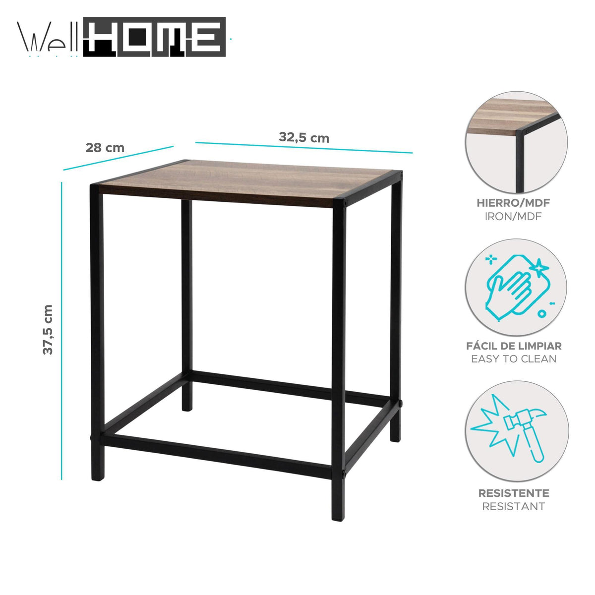 Mesa auxiliar de hierro y MDF 32,5x28x37,5cm (2)