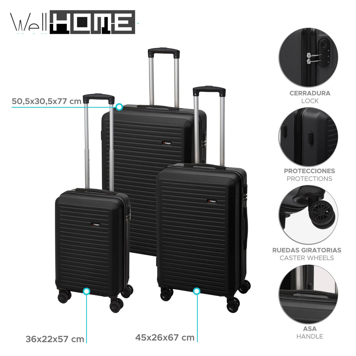 Set 3 maletas 20''-24''-28'' ABS negro con ruedas giratorias (2)