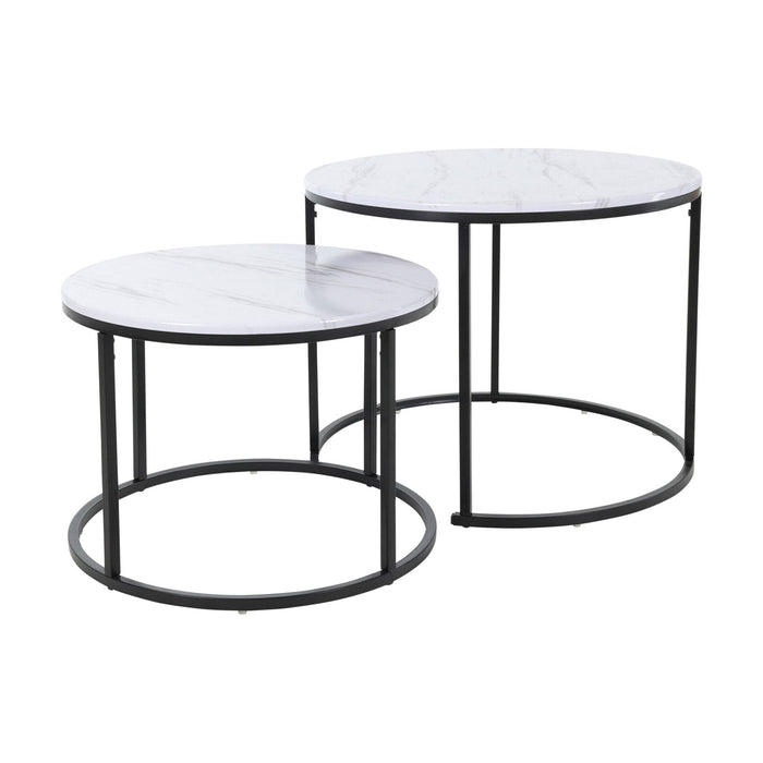 Juego de 2 mesas auxiliares metal blanco acabado mármol Ø50 Ø60cm