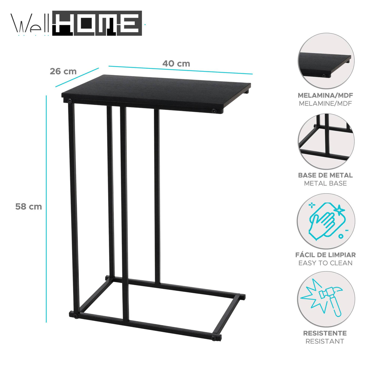 Mesa auxiliar de metal con tablero MDF color negro (2)