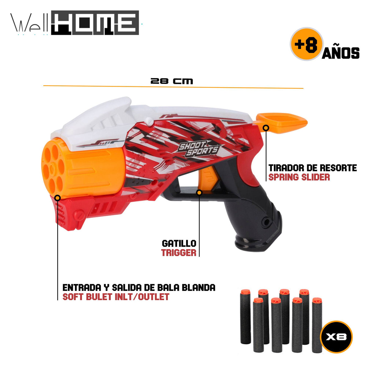 Pistola de juguete 28cm con 8 balas blandas de espuma (2)