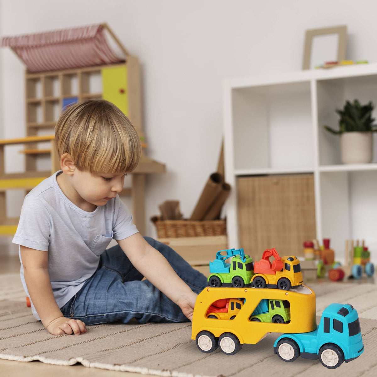 Camión de juguete 33cm con remolque y 4 coches (4)