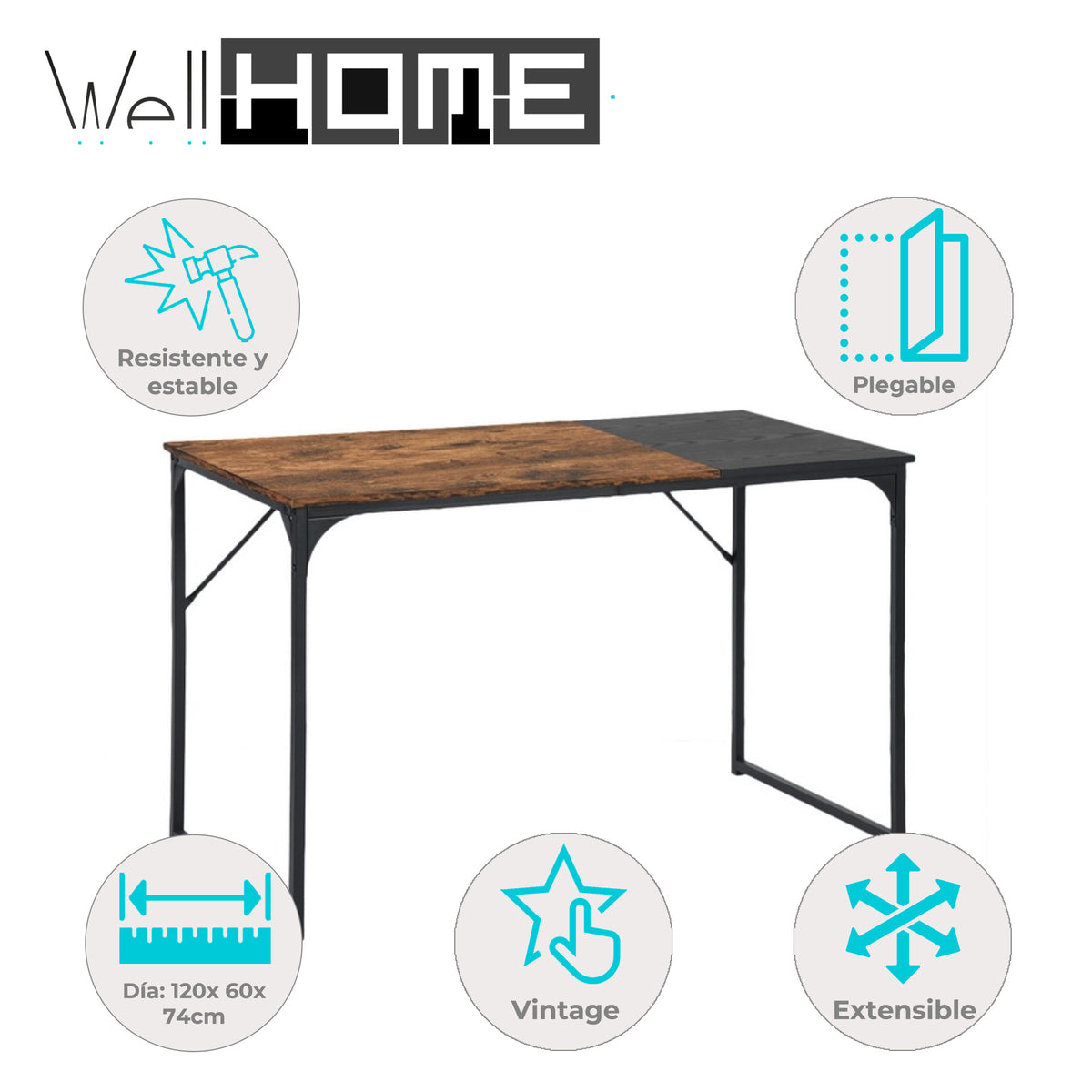 Mesa extensible vintage negro 120x60x74 cm (2)