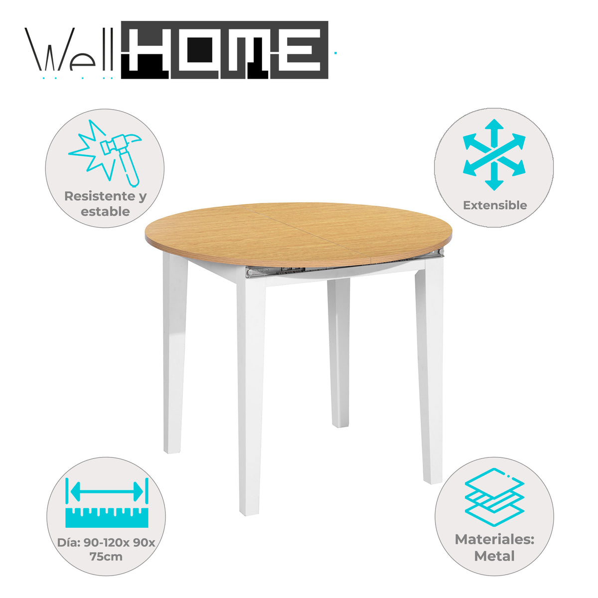 Mesa extensible circular blanco y haya 90-120cm H.75cm (2)