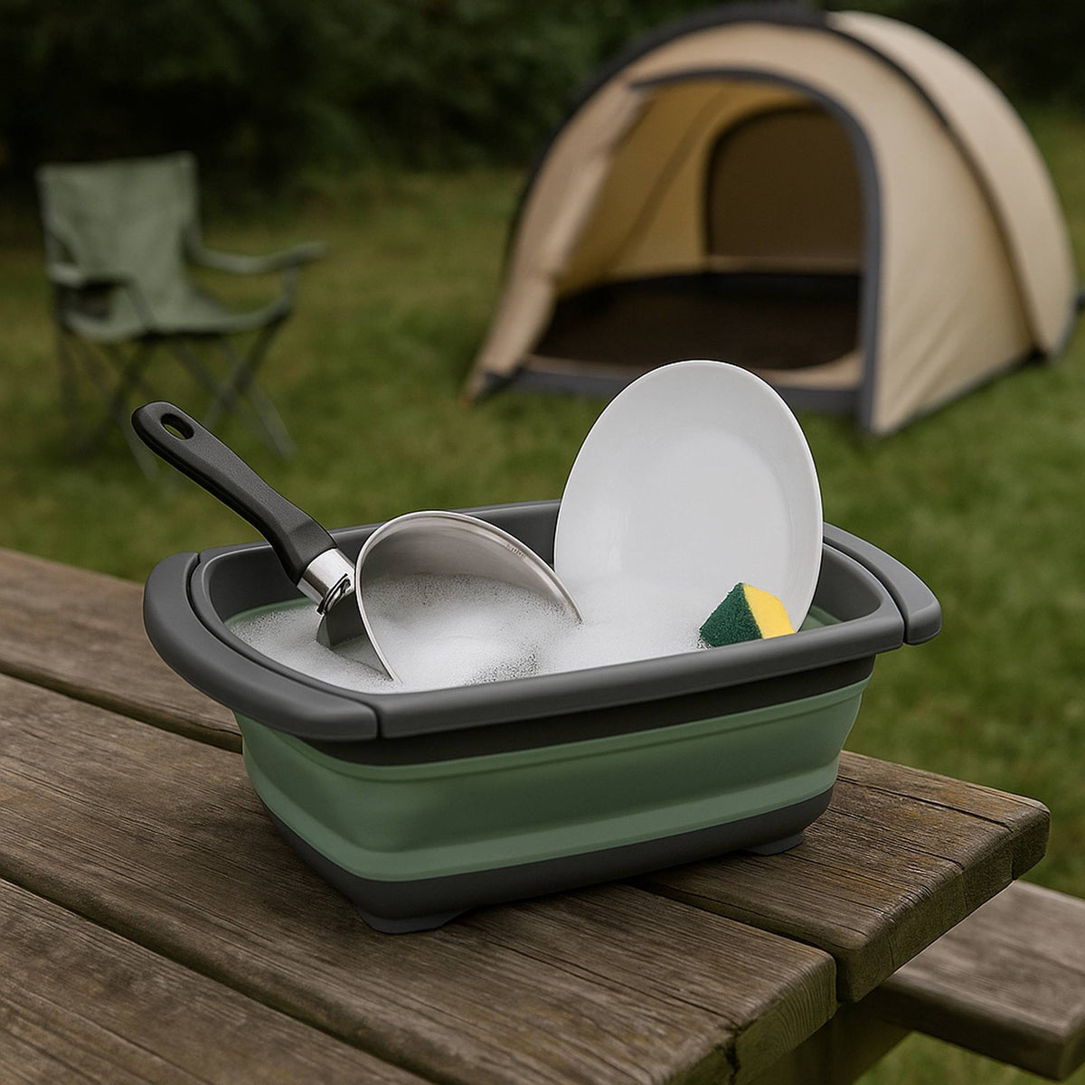 Cesta lavavajillas plegable verde y gris (5)