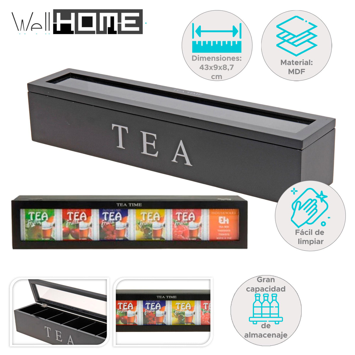 Caja de té MDF 6 compartimentos color negro (2)