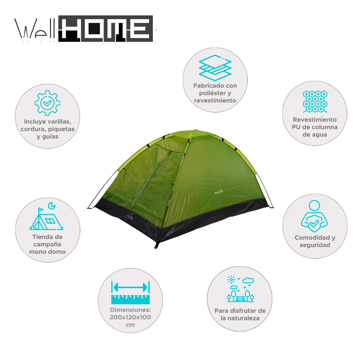 Tienda de campaña monodomo 2 personas verde 200x120x100cm (2)