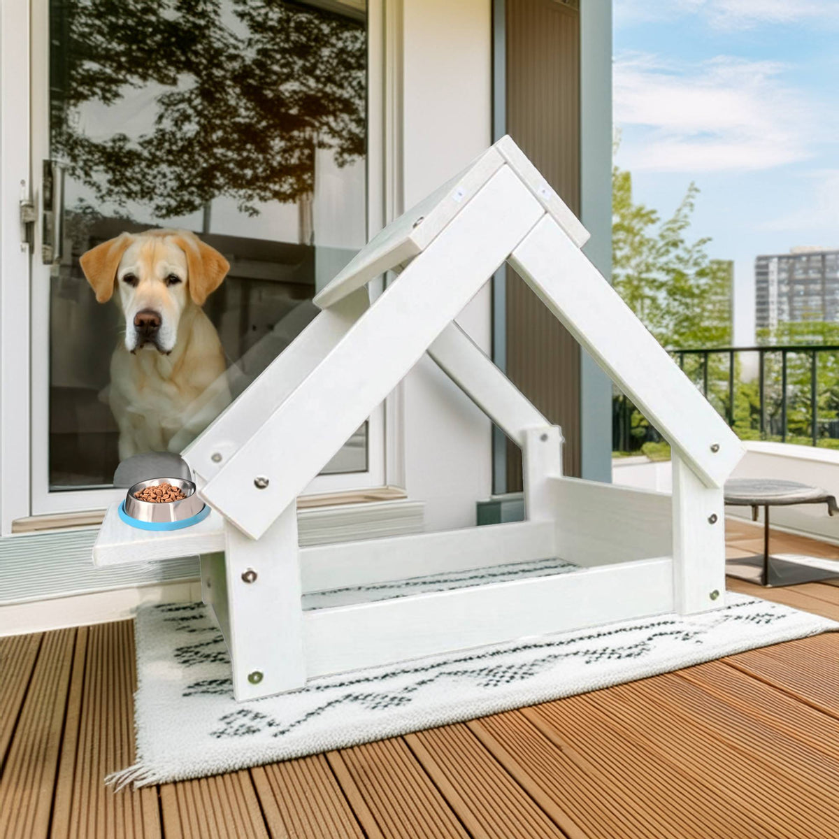 Caseta para perros interior madera con soporte cuencos blanca (4)