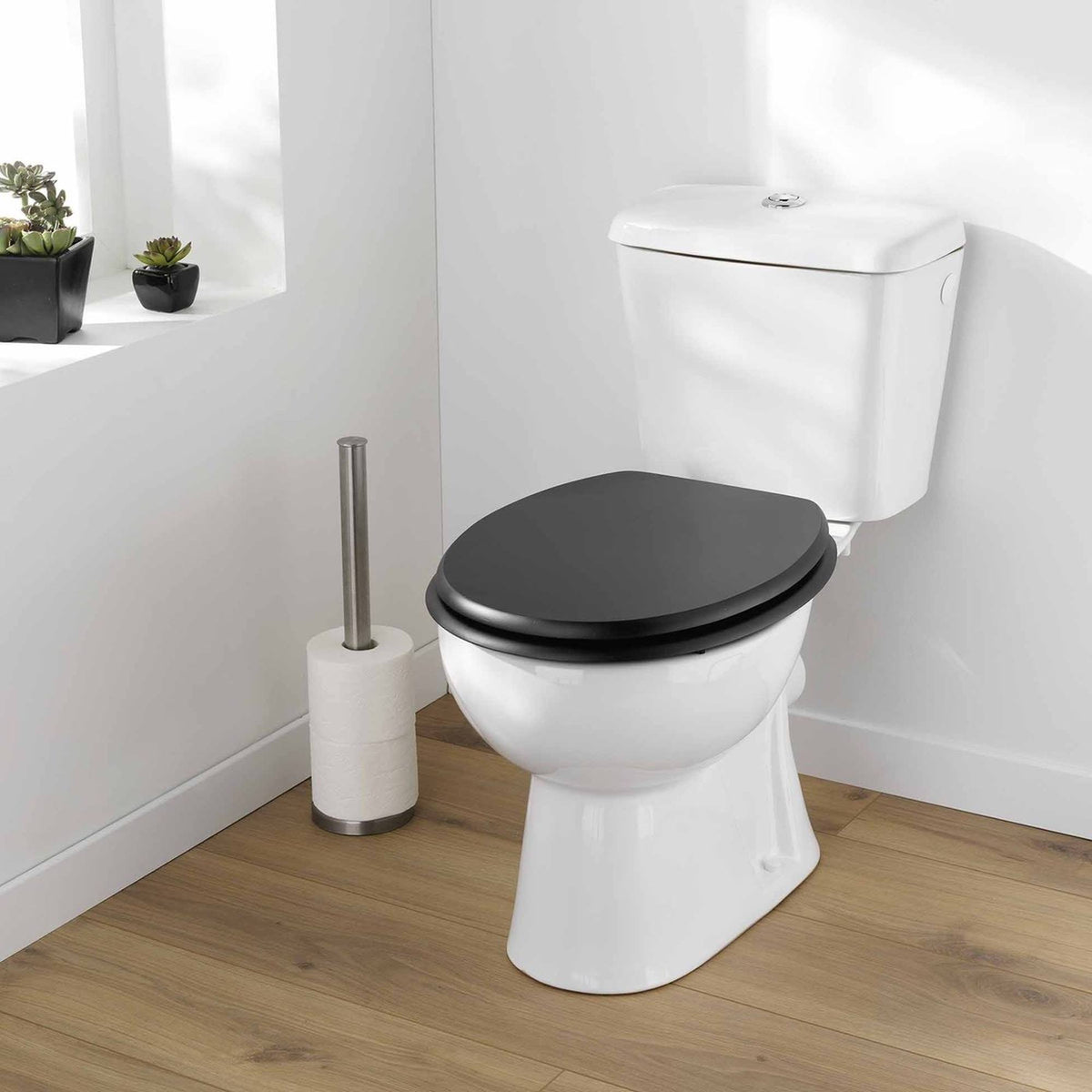Tapa de inodoro MDF bisagras acero inox negro 37,5x45cm (4)