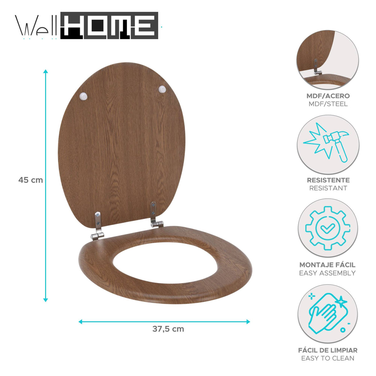 Tapa de inodoro MDF bisagras acero inox madera 37,5x45cm (2)