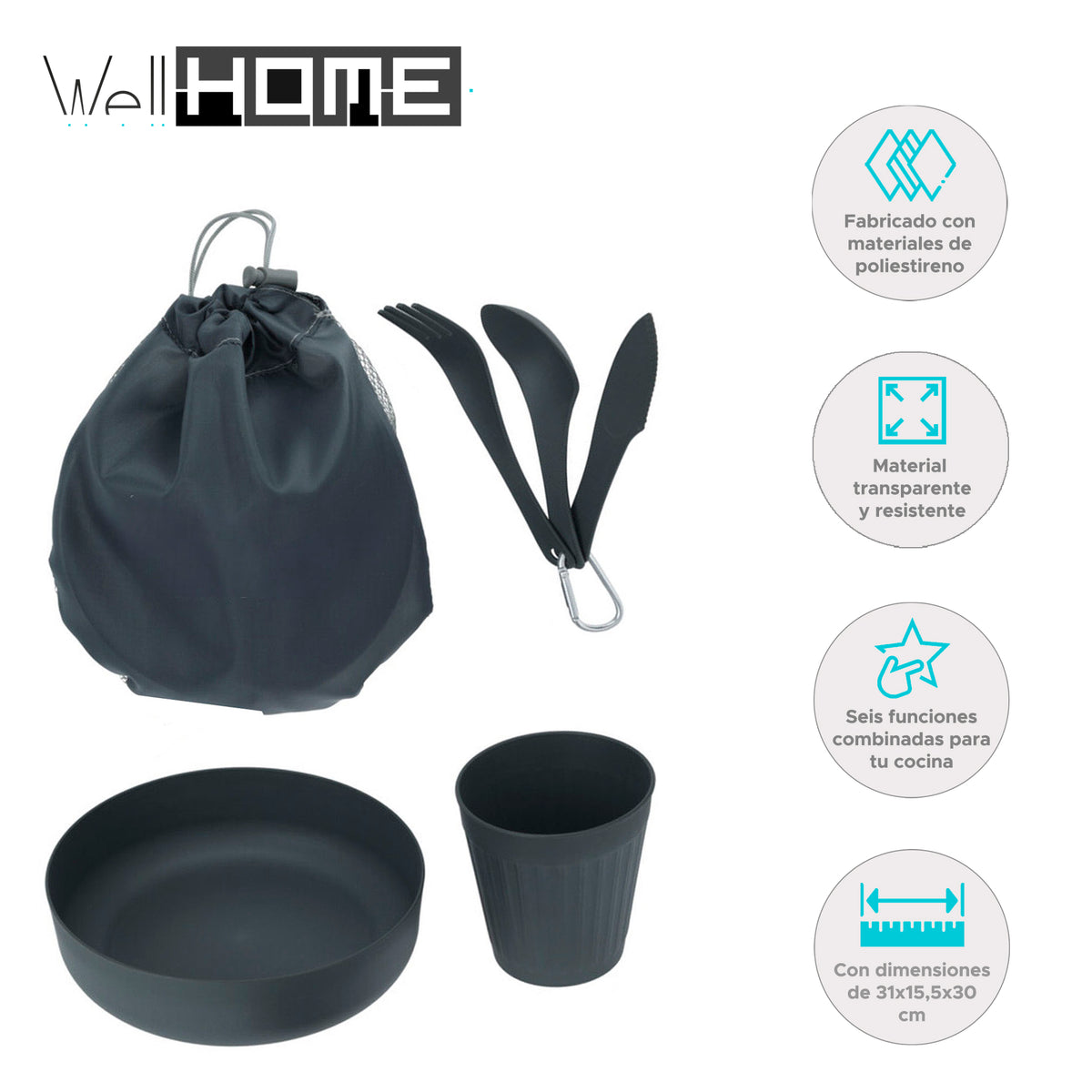 Juego de camping 6 pzs: bol 730ml, taza 330ml, cubiertos y bolsa (2)