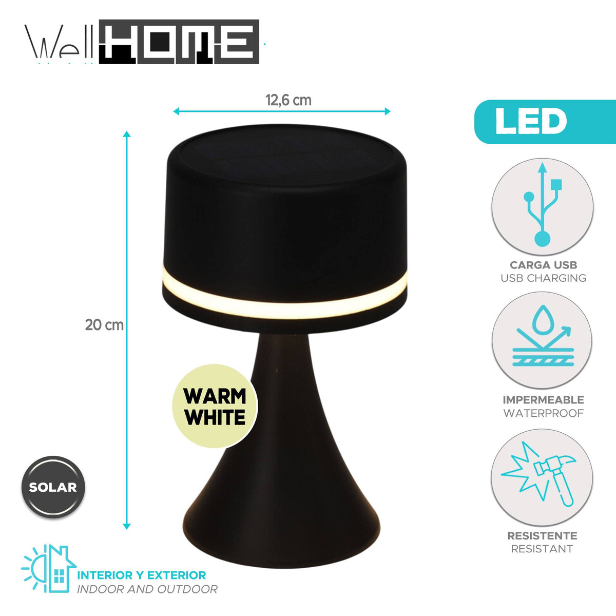 Lámpara de mesa solar recargable panel solar y USB negro (2)