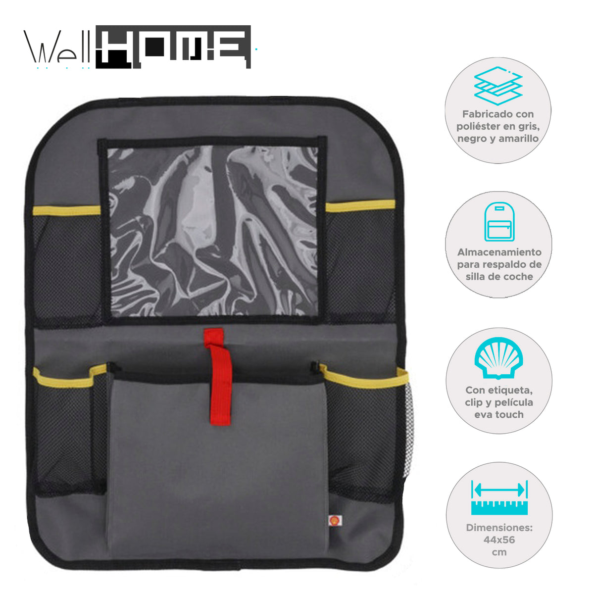 Bolsa organizadora para respaldo de coche gris y amarillo (2)