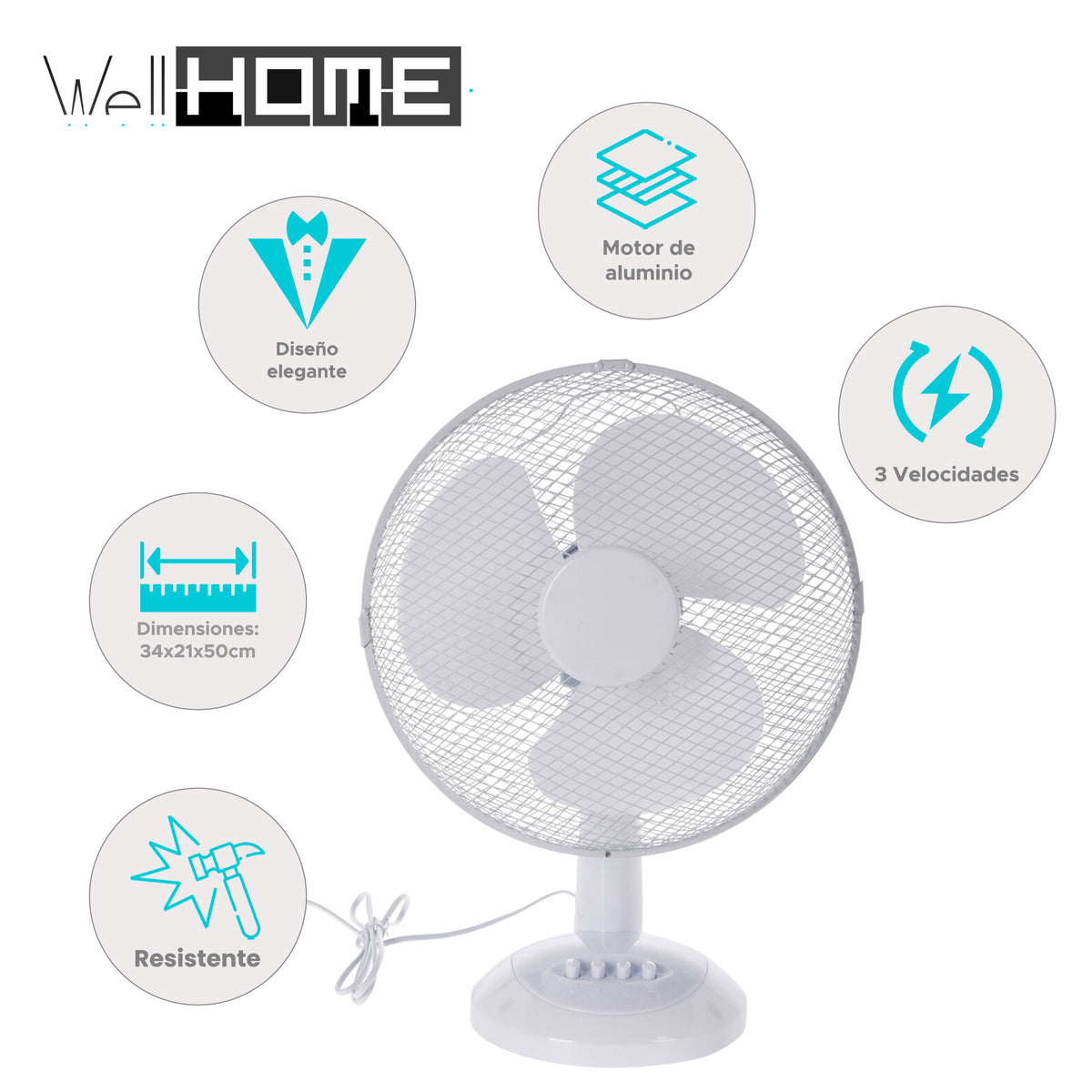 Ventilador de mesa blanco cabezal oscilante 3 velocidades 34x50cm (2)