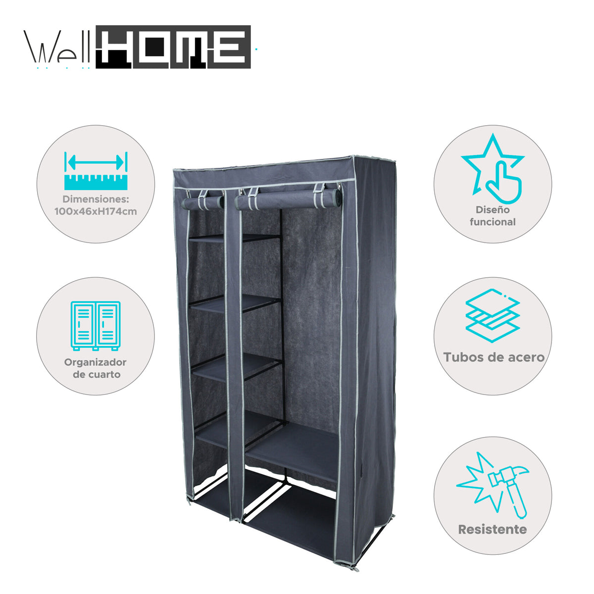 Armario organizador de ropa barra acero 5 estantes 100x46x174cm (2)