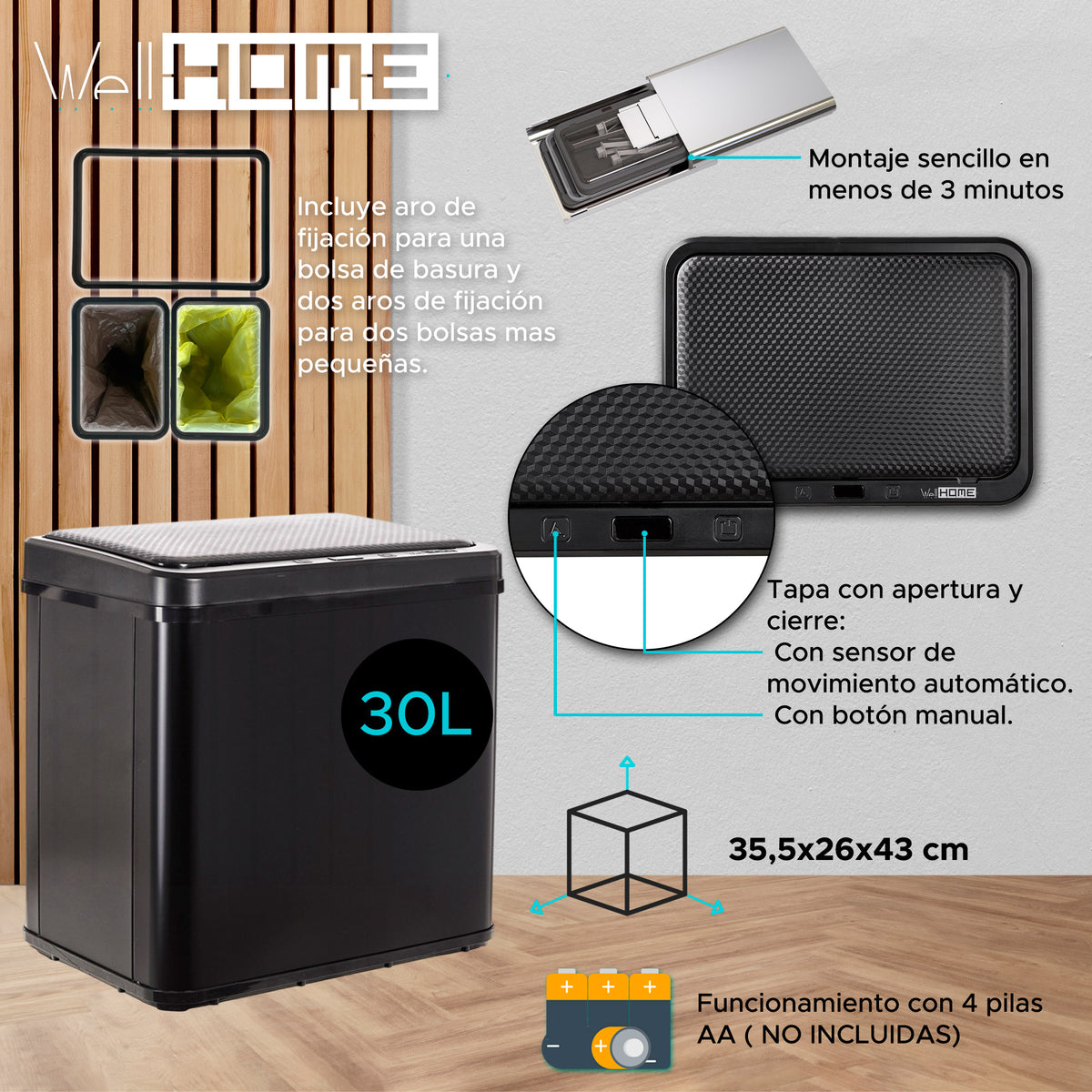 Cubo de basura con sensor apertura automática 30L negro (2)