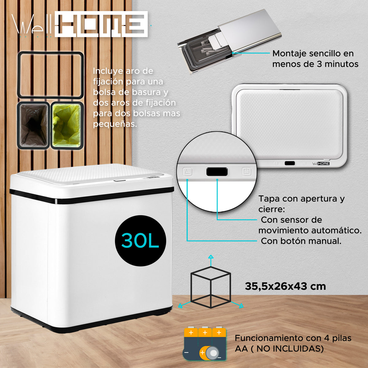 Cubo de basura con sensor apertura automática 30L blanco (2)